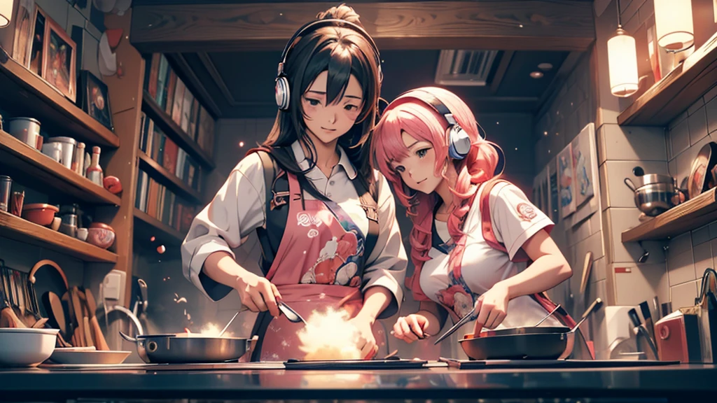 Woman wearing headphones, Anime Style 4 k, anime wallpaper 4k, anime wallpaper 4k, 4k anime wallpaper, anime art wallpaper 4k, anime art wallpaper 4k, Anime Style. 8k, Anime atmosphere, , Ultra HD Anime Wallpaper, Anime Art Wallpaper 8K, Anime Background,landscape、cooking、cooking