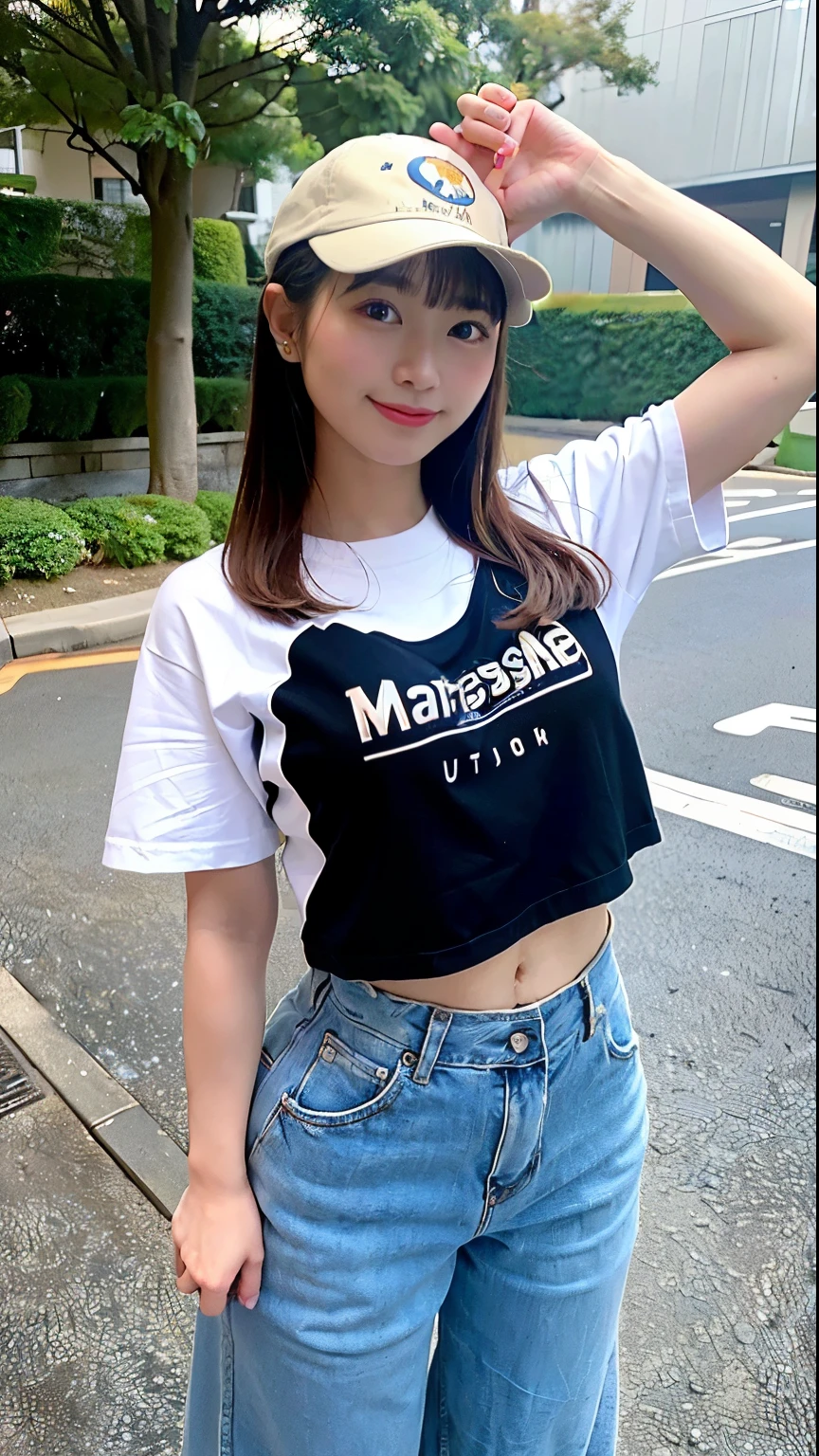 (Highest quality, 8k, 32K, masterpiece, Ultra-high resolution: 1.2), 1 girl, Beautiful Japanese Woman, Narrow waist, Wide-leg trousers, Belly button T-shirt, 18-year-old, Beautiful blue sky, (Cute pose: 1.2), Beautiful Face, (Smile at someone you like), Hair blowing in the wind, Wearing a white hat,