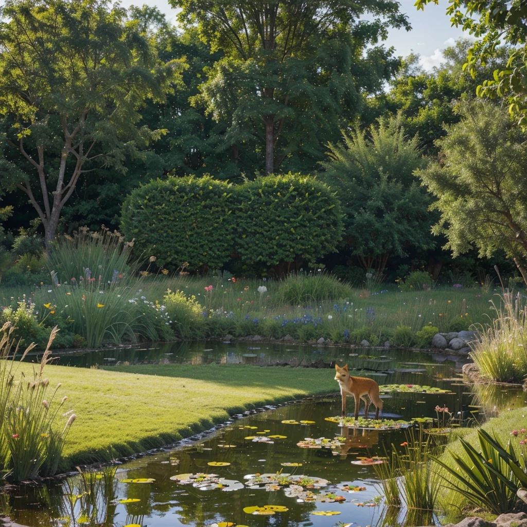 create an image of a field that has a pond, bushes, Rocks, pieces, frogs on aquatic leaves, One Way, A tree, advice and a fox, a fence, a sun, Grass, flores