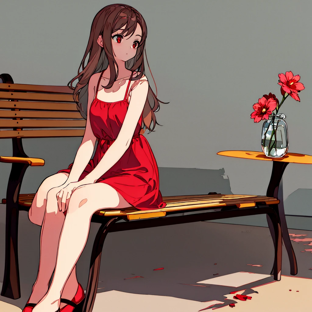 Light gray background Red flower Girl sitting on a bench simple