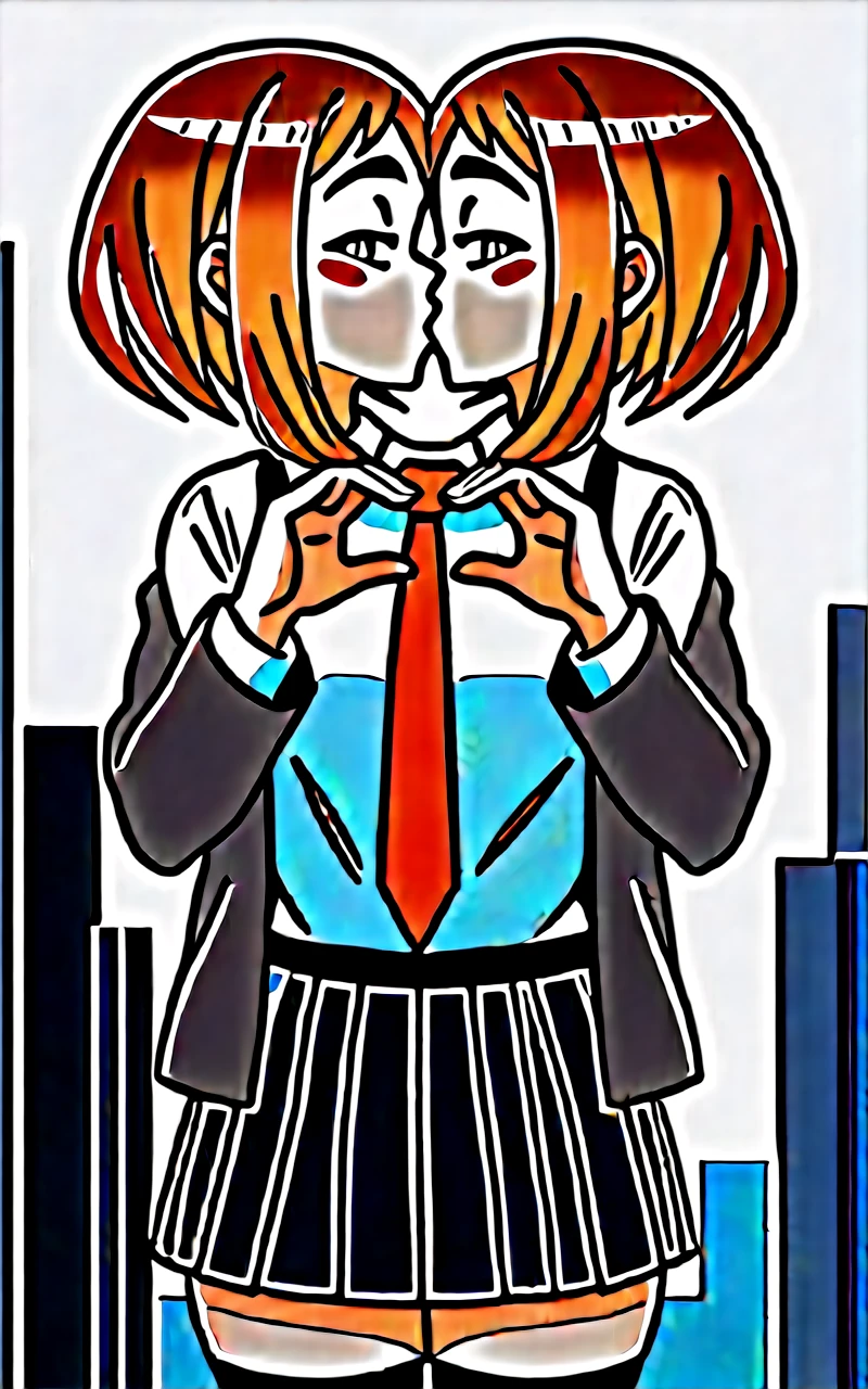 1girl, solo, two heads, conjoined, kissing, looking at viewer, heart gesture, Uraraka Ochako, thick_eyebrows blush_stickers, brown_hair, brown_eyes, short_hair, sideburns, shiny hair, medium breasts, skindentation +++ :D +++ u.a._school_uniform, grey_jacket long_sleeves, white_shirt red_necktie, mos green pleated_skirt, black stocking Sky Kingdom, score_9, score_8_up, source_anime, city background