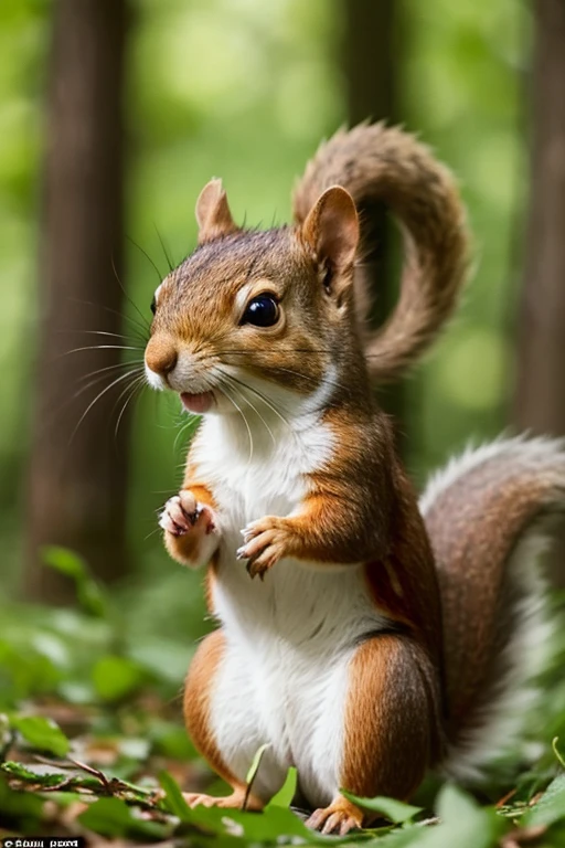 A small, brave, and curious squirrel named Ricky with fluffy brown fur. Ricky has bright eyes and a cheerful expression, always ready for an adventure in the lush green forest.