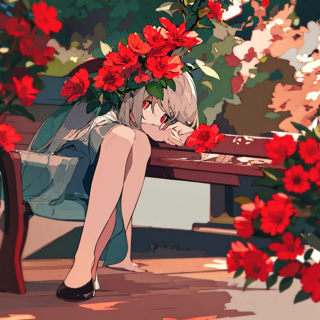 Light gray background　Red flower　Girl sitting on a bench　simple　