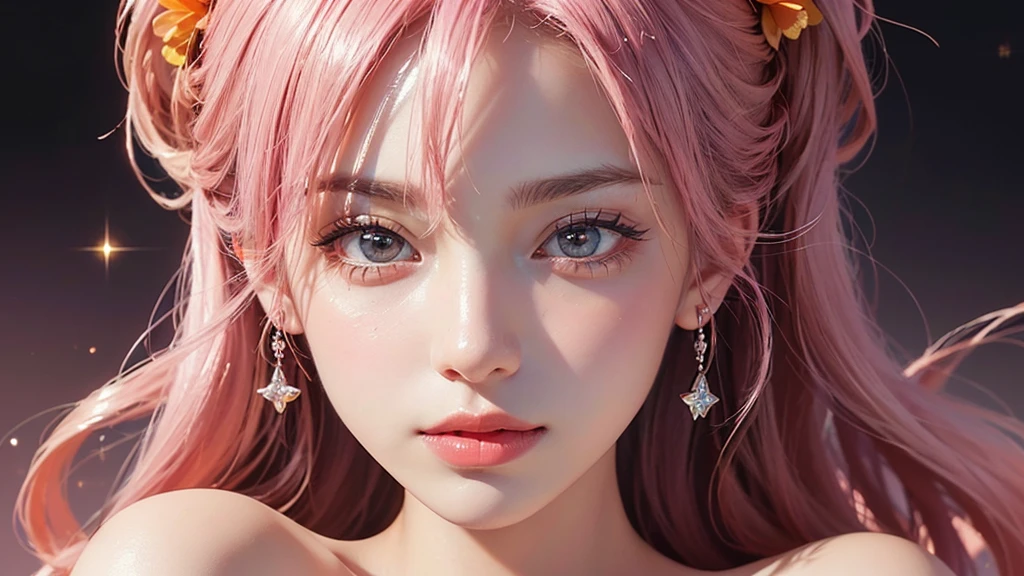 One girl, alone, flower畑, flower, (Official Art, unity 8k wallpaper, Super detailed, beautifully、aesthetic, masterpiece ,Highest quality:1.3), (Dynamic Angle:1.2), (Floating colorful sparkles:1) , elegant, Vibrant colors, Highly detailed face, Detailed eyes, Glowing Skin, Glossy Lips , Pale pink and pale orange background, Pink Hair,