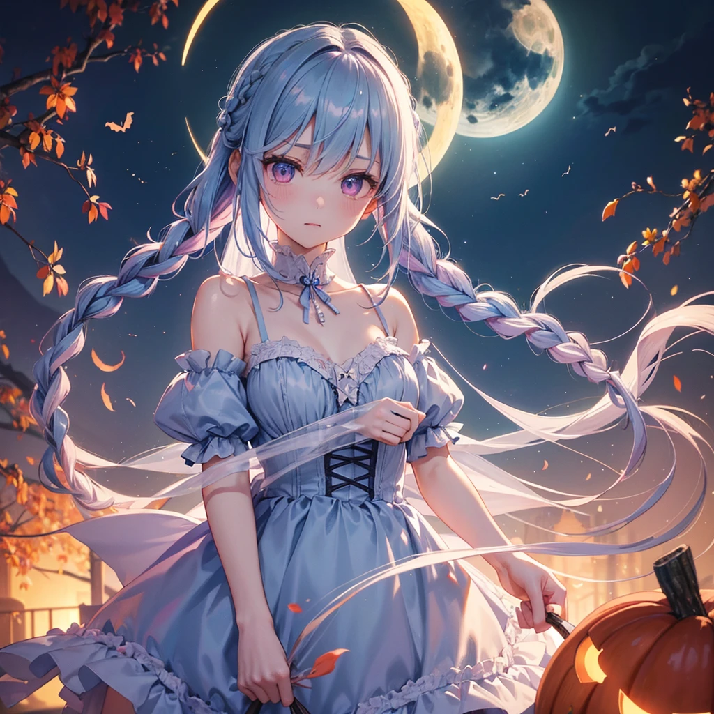 (Light blue medium hair),(Braided hair)、Pink eyes、Fair skin、cowboy shot、Halloween、The background is a pumpkin ghost、Crescent Moon、Trick or Treat、A lot of sweets、witch、Halloween night、Candy、Despised、solo、(masterpiece、Highest quality、Very detailed、Best Shadow)、(Detailed Background)、(Beautifully detailed face)、High contrast、(Best lighting、Very delicate and beautiful)、(Cinematic Light)、colorful、Hyper Detail、Dramatic Light、Exquisite detail、