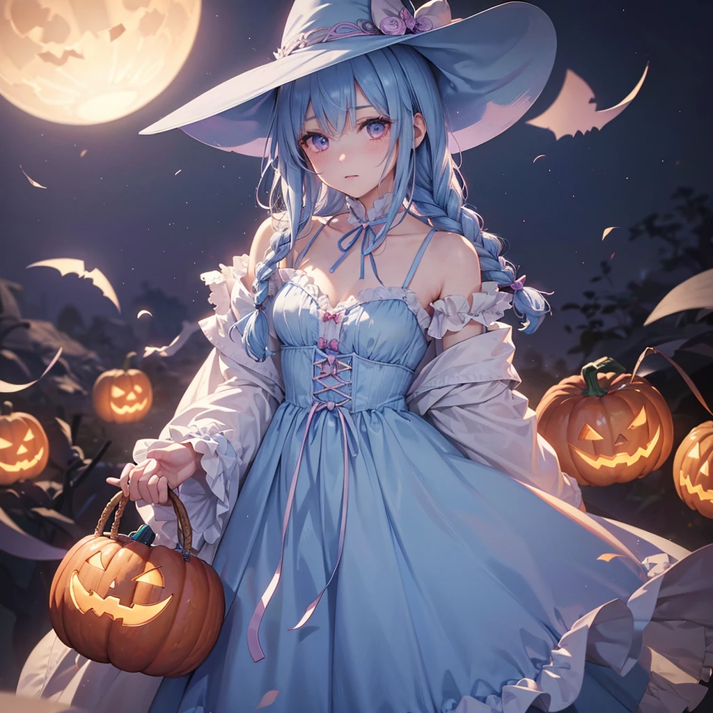 (Light blue medium hair),(Braided hair)、Pink eyes、Fair skin、cowboy shot、Halloween、The background is a pumpkin ghost、Crescent Moon、Trick or Treat、A lot of sweets、witch、Halloween night、Candy、Despised、solo、(masterpiece、Highest quality、Very detailed、Best Shadow)、(Detailed Background)、(Beautifully detailed face)、High contrast、(Best lighting、Very delicate and beautiful)、(Cinematic Light)、colorful、Hyper Detail、Dramatic Light、Exquisite detail、