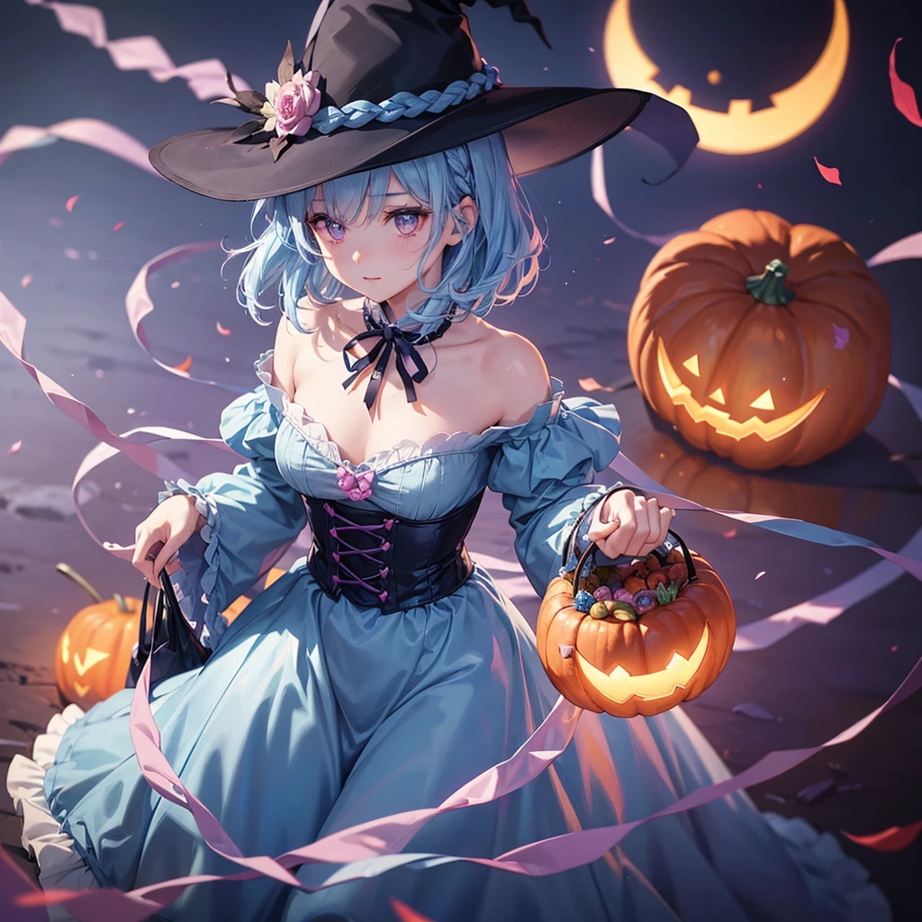 (Light blue medium hair),(Braided hair)、Pink eyes、Fair skin、cowboy shot、Halloween、The background is a pumpkin ghost、Crescent Moon、Trick or Treat、A lot of sweets、witch、Halloween night、Candy、Despised、solo、(masterpiece、Highest quality、Very detailed、Best Shadow)、(Detailed Background)、(Beautifully detailed face)、High contrast、(Best lighting、Very delicate and beautiful)、(Cinematic Light)、colorful、Hyper Detail、Dramatic Light、Exquisite detail、