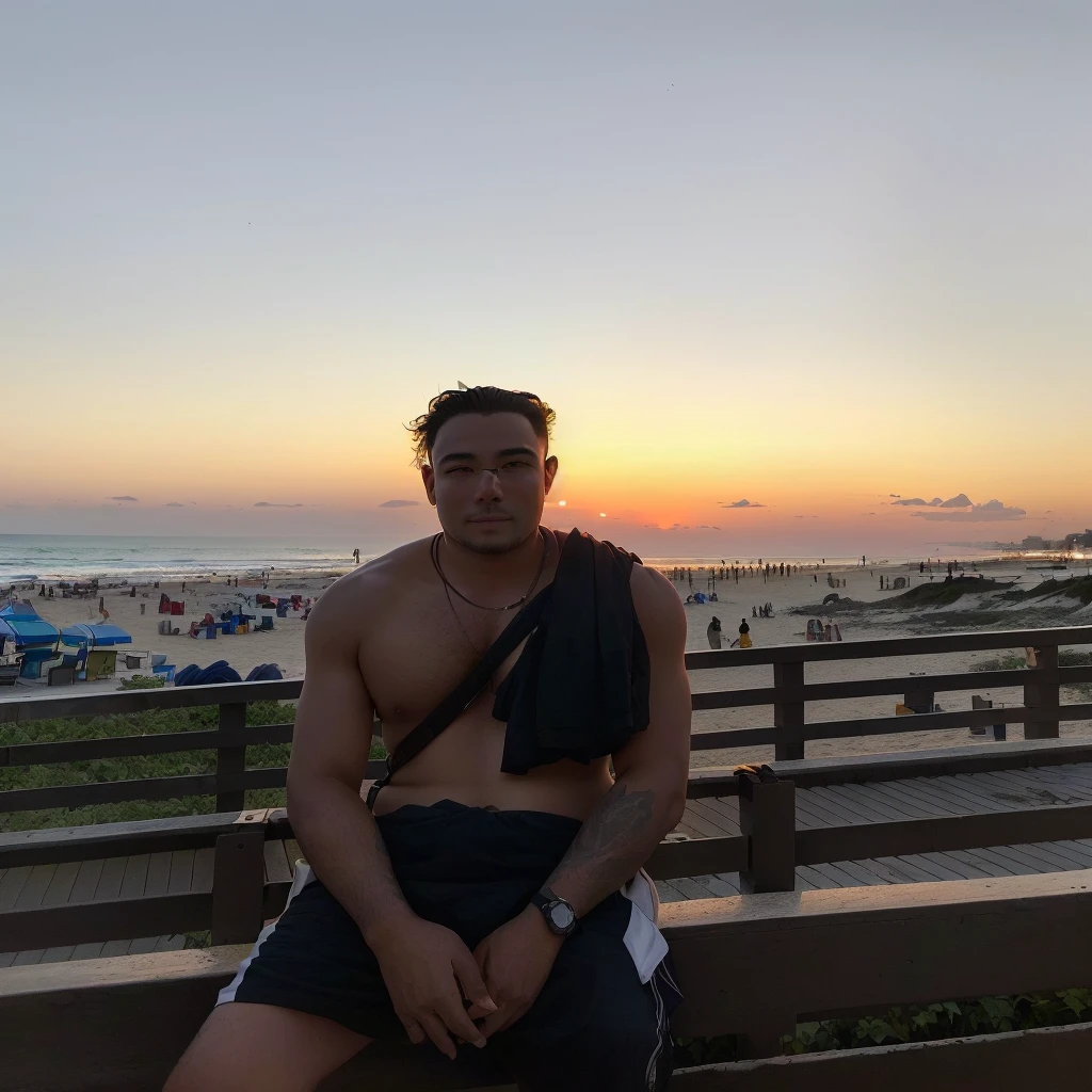 There's a man sitting on a bench on the beach, on the beach at sunset, na praia at sunset, on the beach during sunset, with sunset, Sunset at the beach, at sunset, At the sunset, in a beautiful sunset, sunset in the background, na praia at sunset, with a sunset, during golden hour, sunset time