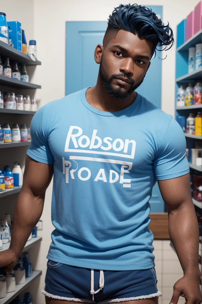 Create a Funko Pop of a man named ROBBYSON, dark-skinned, blue wavy quiff style hair, low beard, wearing cap, wearing a blue t-shirt with ROBBYSON written on it, blue shorts and a blue All Star. There is a little shop next to it., the rendering must be in 3D with a white background.