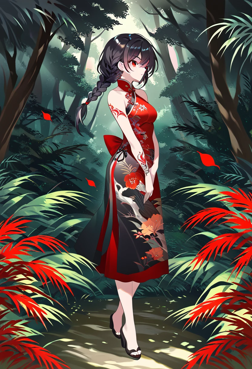 BREAK Perfect Anatomy、(High resolution:1.2)、Incredible illustrations、(Cute illustrations:1.2)、() （Beautiful background(forest)) 1 girl(Black hair, long hair, single braid, red eyes,tattoos, )(young adult woman:2.0)jungkook cheongsam dress(Full body view)