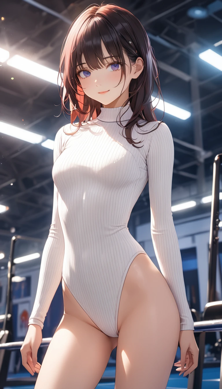 highquality illustration, masterpiece, very delicate and beautiful, attractive girl,(colorful leotard, heattech leotard,tight leotard,long_sleeve leotard,ribbed leotard,high_leg leotard,turtleneck leotard), thin,slender body,slim,gymnastics club,gymnastics athlete,bare legs,gymnasium background,beautiful eyes, light smile,(masterpiece, best quality:1.2), highres, extremely detailed CG unity 8k wallpaper, perfect lighting, Colourful, ultra-high res,4K,ultra-detailed, photography, 8K, HDR,  17 ages,cowboy shot,