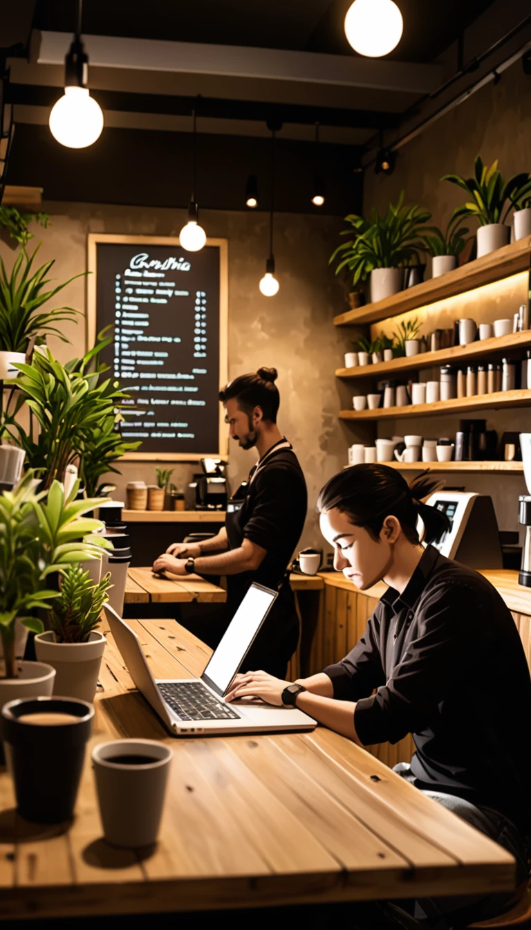 A quiet coffee shop with rustic wooden tables, potted plants, and soft, ambient lighting. The background includes a barista making coffee and customers quietly reading or working on laptops.