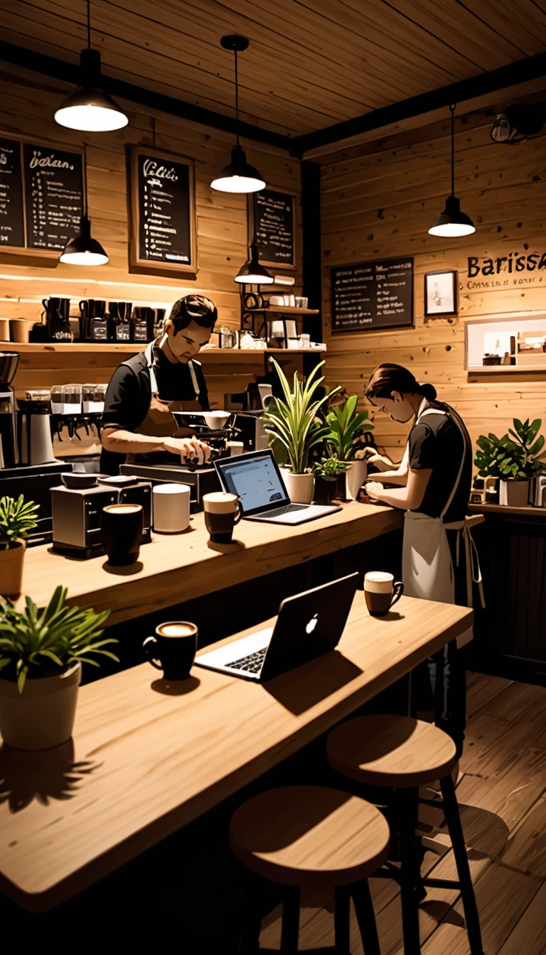 A quiet coffee shop with rustic wooden tables, potted plants, and soft, ambient lighting. The background includes a barista making coffee and customers quietly reading or working on laptops.