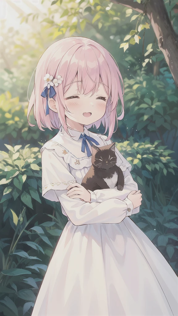 1 girl, solo, best quality, ultra detailed, , (happy:1.4), closed eyes,
pink hair, medium hair, looking away,
from front, from below, portrait, hugging the brown kitten, \(kitten has its mouth closed\),
white dress, blue ribbon, long sleeves, standing,
in the forest, flower garden, warm sunlight filtering through trees