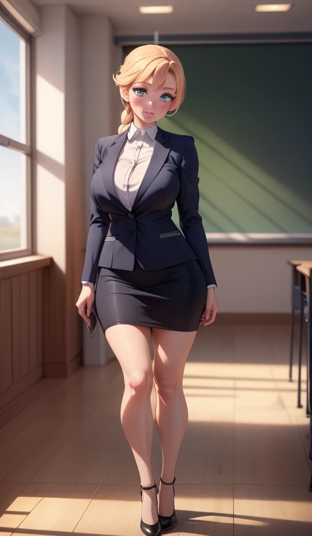 shermie, ((masterpiece, Best Quality)), full body view, bursting huge , detailed skin, Anna from Frozen as a teacher, in the classroom, High heels, socks, elegant teacher suit, above knee skirt, Very detailed, cinematic lighting, ultra realistic, blush, looking at the viewer, anna, anna from the movie