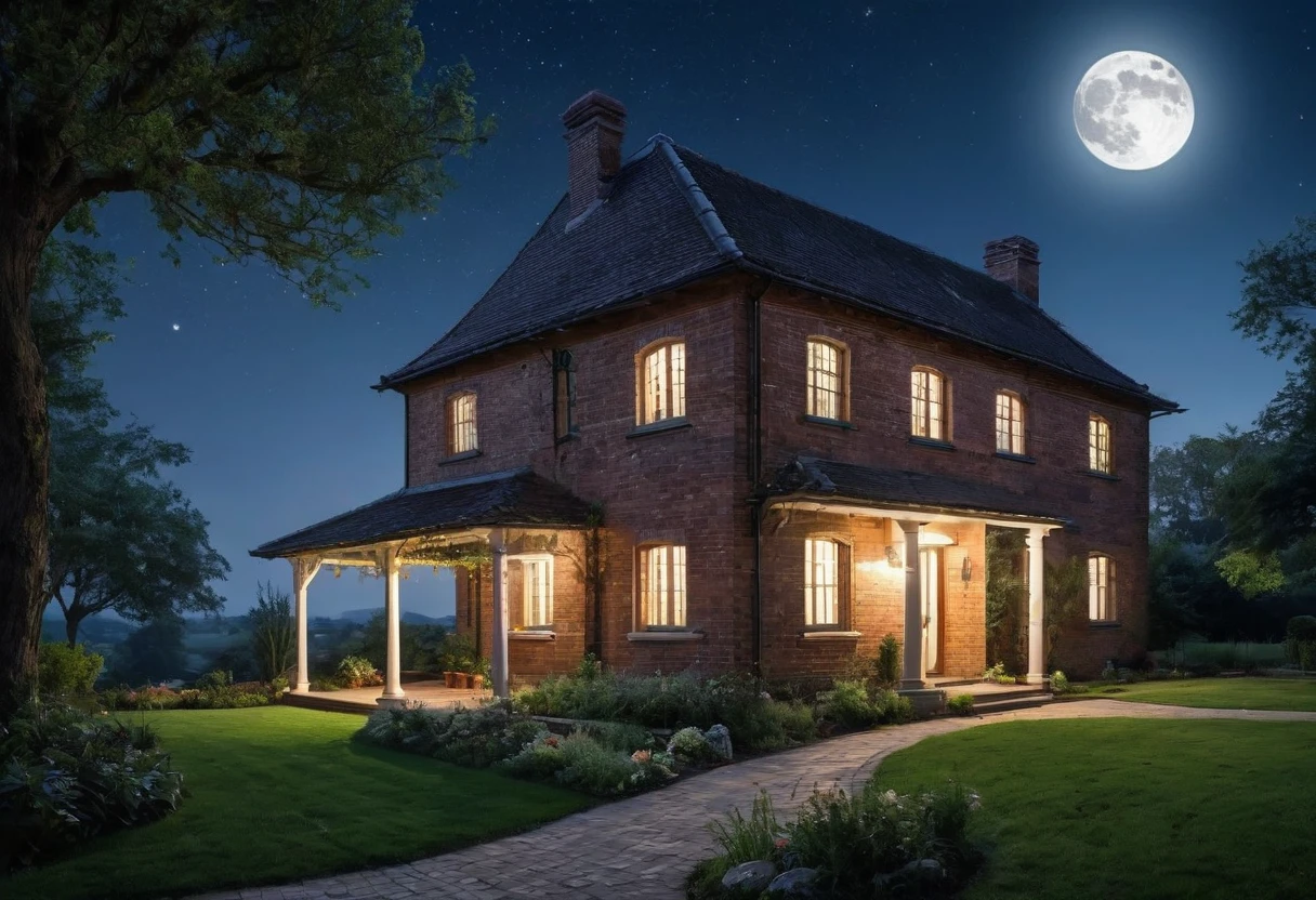 Generate a breathtakingly beautiful nighttime photo of a brick house with a single tree beside it, illuminated by the soft glow of moonlight. The brick house should have a rustic charm with a gabled roof and visible texture on the bricks. The tree next to the house is tall and majestic, with branches gently swaying in the night breeze. The scene is bathed in the serene, silvery light of a full moon hanging high in the clear, starry sky. The moonlight casts gentle shadows, highlighting the details of the house and the tree, while creating a tranquil and mystical atmosphere. The foreground includes a well-tended garden with subtle hints of foliage, adding depth to the scene. The overall composition should evoke a sense of calm and wonder, capturing the beauty of a peaceful night in the countryside.