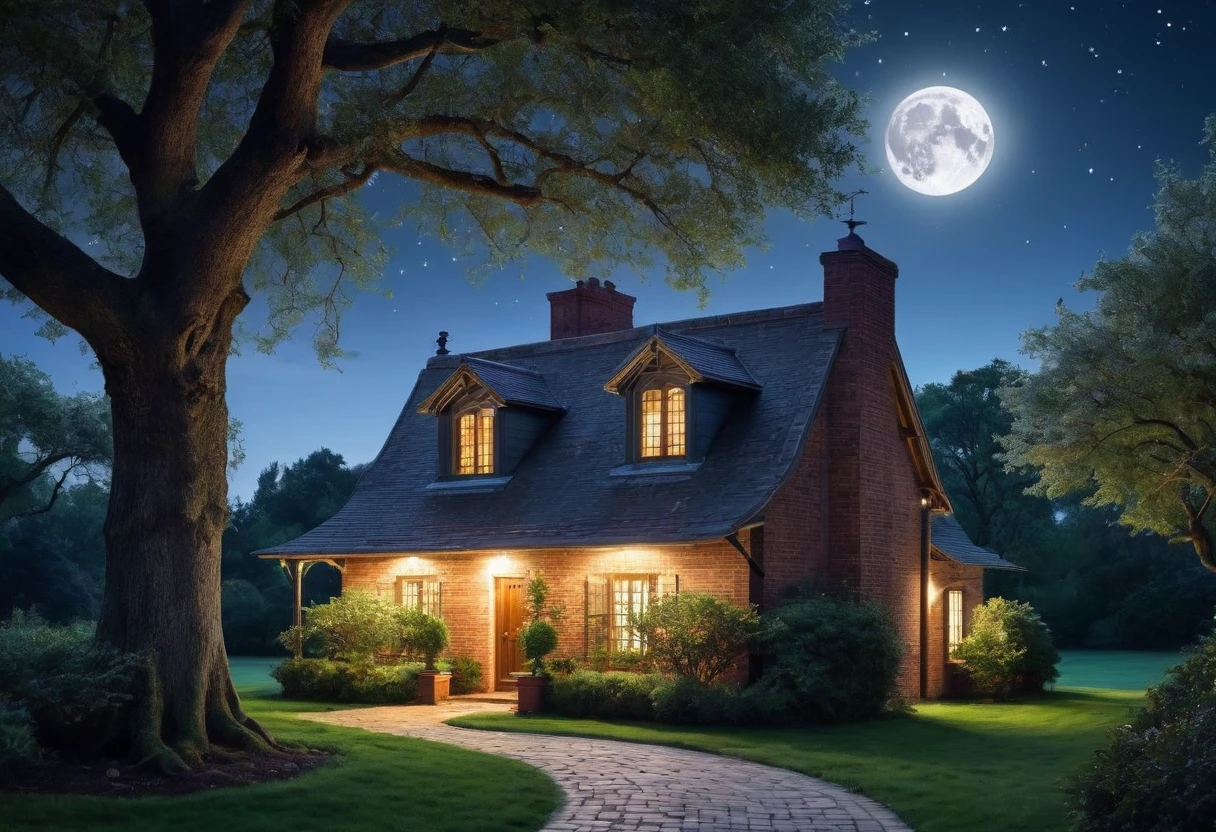 Generate a breathtakingly beautiful nighttime photo of a brick house with a single tree beside it, illuminated by the soft glow of moonlight. The brick house should have a rustic charm with a gabled roof and visible texture on the bricks. The tree next to the house is tall and majestic, with branches gently swaying in the night breeze. The scene is bathed in the serene, silvery light of a full moon hanging high in the clear, starry sky. The moonlight casts gentle shadows, highlighting the details of the house and the tree, while creating a tranquil and mystical atmosphere. The foreground includes a well-tended garden with subtle hints of foliage, adding depth to the scene. The overall composition should evoke a sense of calm and wonder, capturing the beauty of a peaceful night in the countryside.