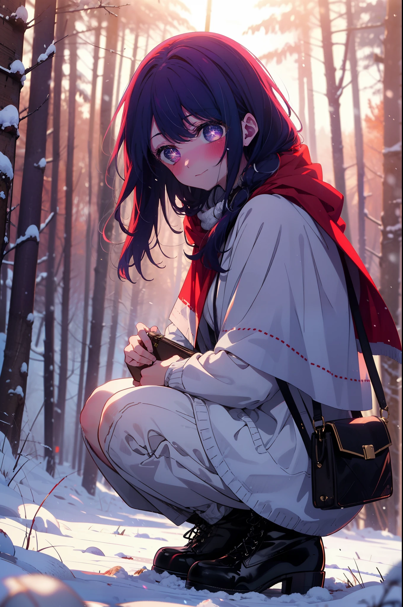 aihoshino, Ai Hoshino, Long Hair, bangs, (Purple eyes:1.1), Purple Hair, (Symbol-shaped pupil:1.5), smile,,smile,blush,white breath,
Open your mouth,snow,Ground bonfire, Outdoor, boots, snowing, From the side, wood, suitcase, Cape, Blurred, , forest, White handbag, nature, Squat, Mouth closed, Cape, winter, Written boundary depth, Black shoes, red Cape break looking at viewer, Upper Body, whole body, break Outdoor, forest, nature, break (masterpiece:1.2), Highest quality, High resolution, unity 8k wallpaper, (shape:0.8), (Beautiful and beautiful eyes:1.6), Highly detailed face, Perfect lighting, Extremely detailed CG, (Perfect hands, Perfect Anatomy),
