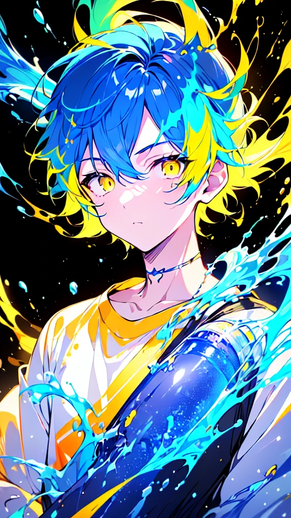 [(BLACK BACKGROUND:1.5),::5], ((((masterpiece)))), high quality, very_high_resolution, large_filesize, upper body, full color, ((younger boy)), 13 old year, short deepblue hair, vivid color, ((yellow eye)), Summer clothes white, animestyle, (NeonSoda Splash effect:1.3)