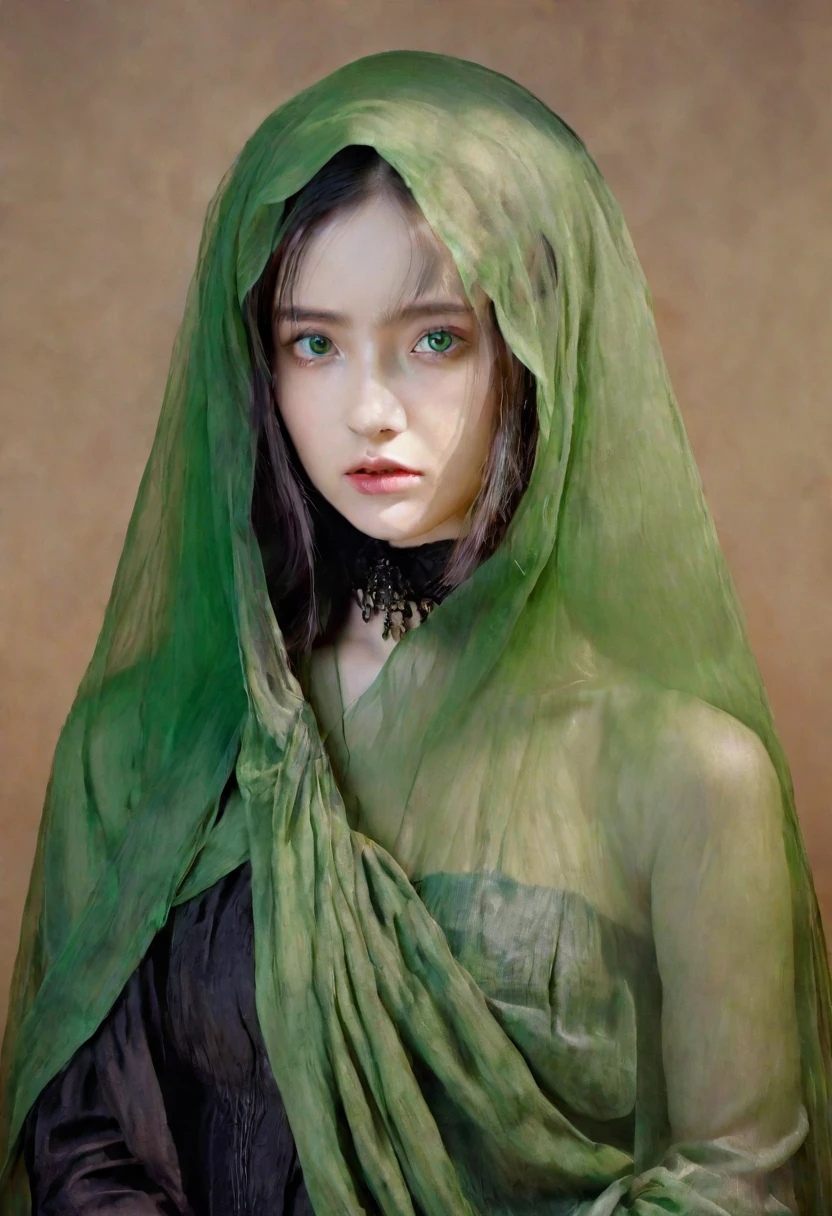  portrait of beautiful female model in green organza cloth draped around her body, gothic style, gothic background, perfect symmetric eyes, oil on canvas, by Raphael, Caravaggio, Greg Rutkowski, Beeple, Beksinski, perfect composition, intricate insanely detailed, octane render, trending on artstation, 8 k artistic photography, photorealistic concept art, soft natural volumetric cinematic shadow casting, depth of field, unreal engine, award winning photograph, masterpiece ,