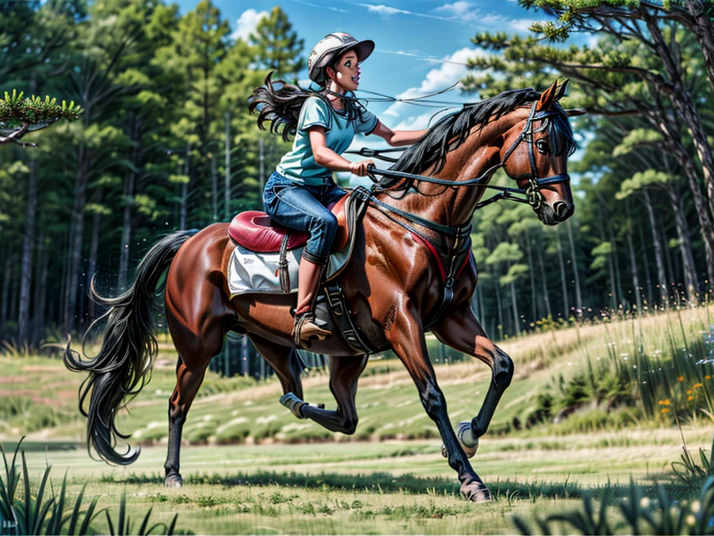 huge draft horse with beautiful wire., Dalana, Swedish, Running cheerfully in grass meadow , contemporary art, Photorealistic , Very high resolution artwork , 8K ,  pine forest, bright blue sky. BBW ebony rider.