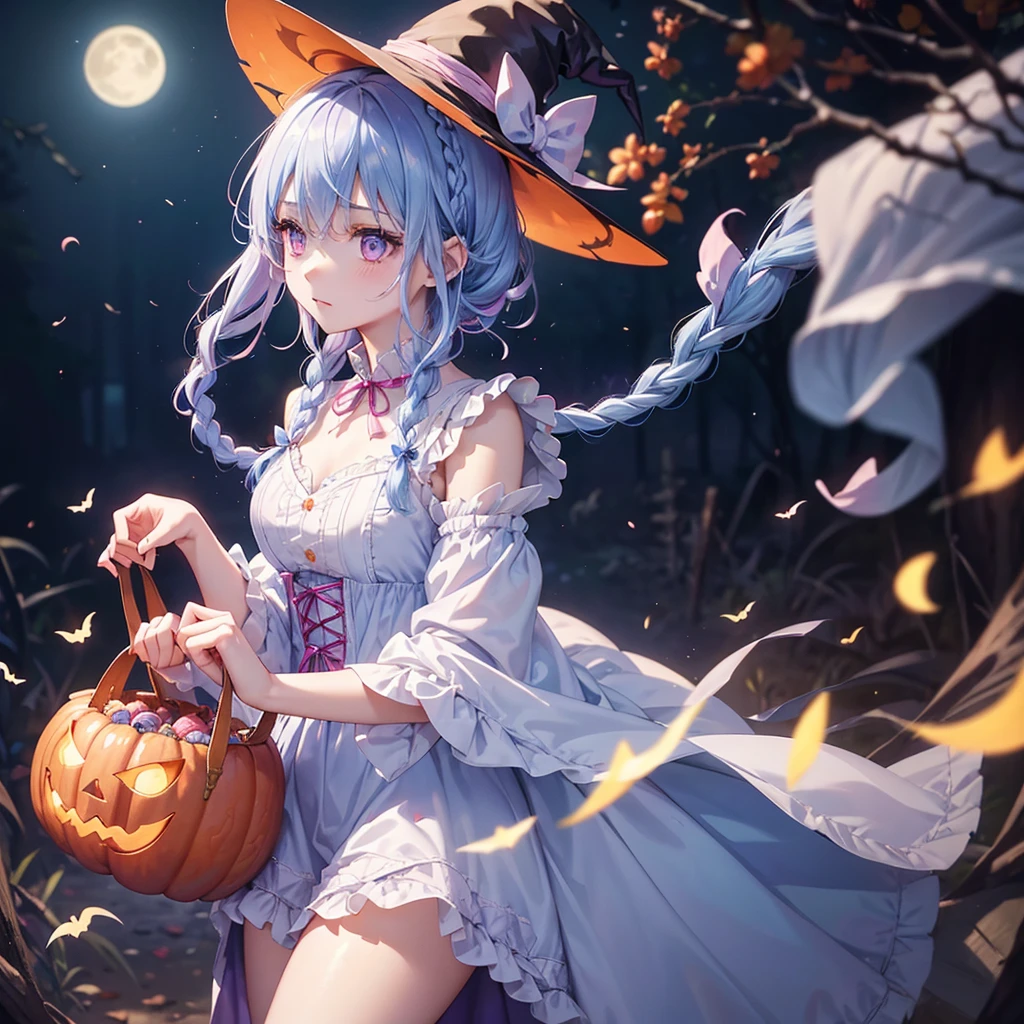 (Light blue medium hair),(Braided hair)、Pink eyes、Fair skin、cowboy shot、Halloween、The background is a pumpkin ghost、Crescent Moon、Trick or Treat、A lot of sweets、witch、Halloween night、Candy、Condescending expression、solo、(masterpiece、Highest quality、Very detailed、Best Shadow)、(Detailed Background)、(Beautifully detailed face)、High contrast、(Best lighting、Very delicate and beautiful)、(Cinematic Light)、colorful、Hyper Detail、Dramatic Light、Exquisite detail、