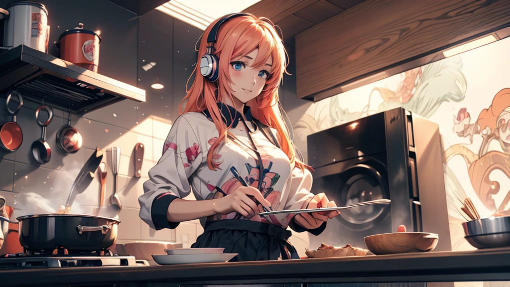 Woman wearing headphones, Anime Style 4 k, anime wallpaper 4k, anime wallpaper 4k, 4k anime wallpaper, anime art wallpaper 4k, anime art wallpaper 4k, Anime Style. 8k, Anime atmosphere, , Ultra HD Anime Wallpaper, Anime Art Wallpaper 8K, Anime Background,landscape、cooking、cooking