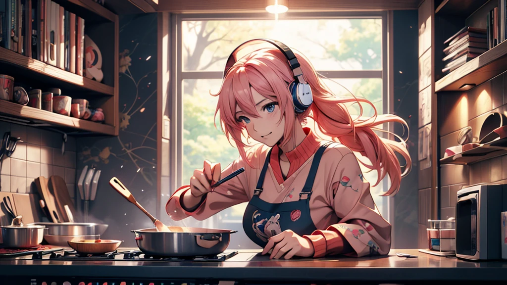 Woman wearing headphones, Anime Style 4 k, anime wallpaper 4k, anime wallpaper 4k, 4k anime wallpaper, anime art wallpaper 4k, anime art wallpaper 4k, Anime Style. 8k, Anime atmosphere, , Ultra HD Anime Wallpaper, Anime Art Wallpaper 8K, Anime Background,landscape、cooking、cooking