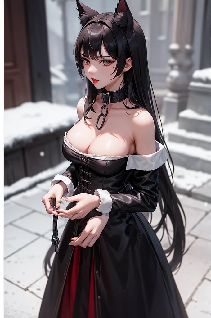 Detailed facial details，bust，，1 girl，Red lips，Cat ear，Black long hair，Wearing a snow-white shirt，Large Breasts，Slim，Tied to stone pillars，Handcuffs，Collar，Radiant Skin，Gallows