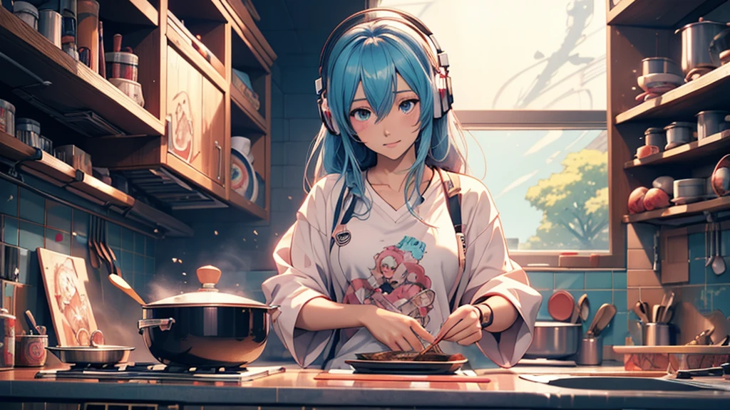 Woman wearing headphones, Anime Style 4 k, anime wallpaper 4k, anime wallpaper 4k, 4k anime wallpaper, anime art wallpaper 4k, anime art wallpaper 4k, Anime Style. 8k, Anime atmosphere, , Ultra HD Anime Wallpaper, Anime Art Wallpaper 8K, Anime Background,landscape、cooking、cooking