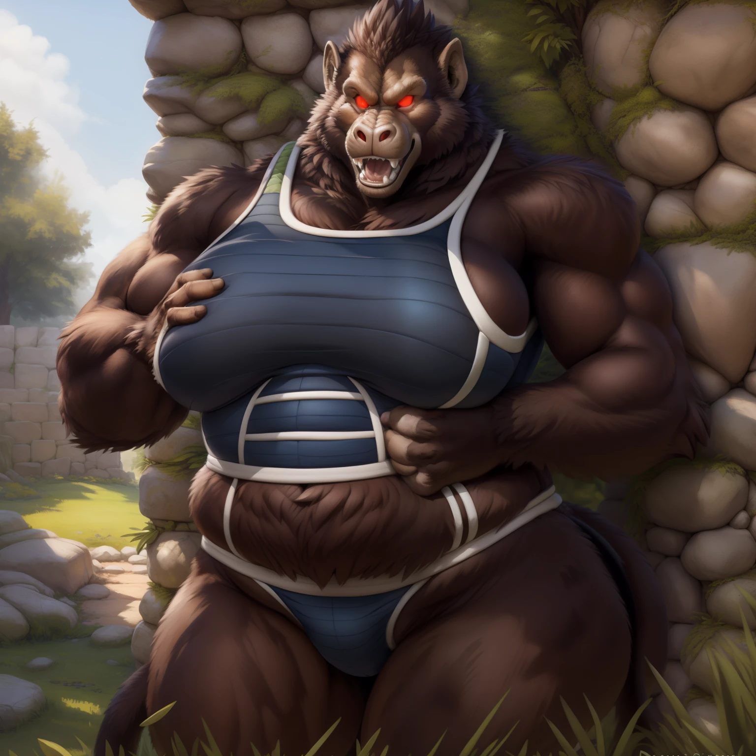 solo, breath (ultra detailed), a beautiful and detailed full size portrait of a female anthro gorilla, oozaru, brown fur, fur body, monkey tail, red eyes, close up view, glowing eyes, empty eyes, tail, bedroom eyes, detailed eyes, big body, sexy body, (wide body). goddess, kenket, Ross Tran,ruan jia, trending on artstation,foxovh, cenematic lighting, front view, big breaths, huge boobs, big boobs, big , big , big , big , day, tree, (((stone wall, grass, seductive, pose, standing))), curvy figure, (((white saiyan armor, covering self, underwear, big butt)), angry, open mouth, blush,