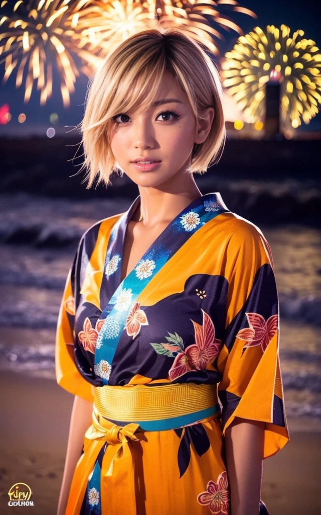 gyaru, dark-skinned, shiny oiled skin, blond hair, short cut hair, wearing vivid yukata, standing in seaside beach, dark-night, deep fog, orange lanthanum light, Fireworks Festival Venue, Fireworks in the background, cinematic lighting, close up shot