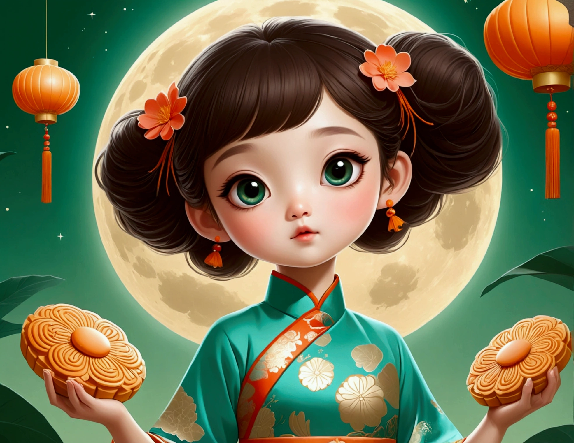 Mid-Autumn Festival poster design,Cute little girl,Cyan and Green,Lots of flying mooncakes,moon,orange color,big eyes,Cute expression,cheongsam,Cartoon,Science Fiction,Mecha,Magic,Fresh,romantic,Simplicity,Modern design