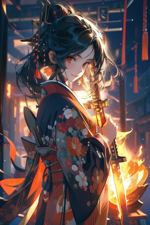 Perfect face. Perfect hands. A black haired woman with orange eyes in a pretty kimono is holding a flaming sword in a shrine while smiling in ribbons of fire