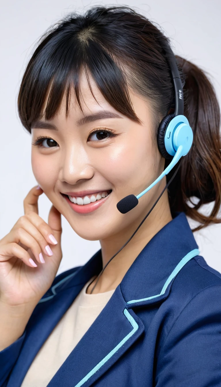 Photography An Asian customer service woman, wearing a black wireless earphone mic, his hand holding the headset. Short bangs, hair braid, smile, The woman was wearing a blue jacket. white background, realistic, ultra hd 24k.