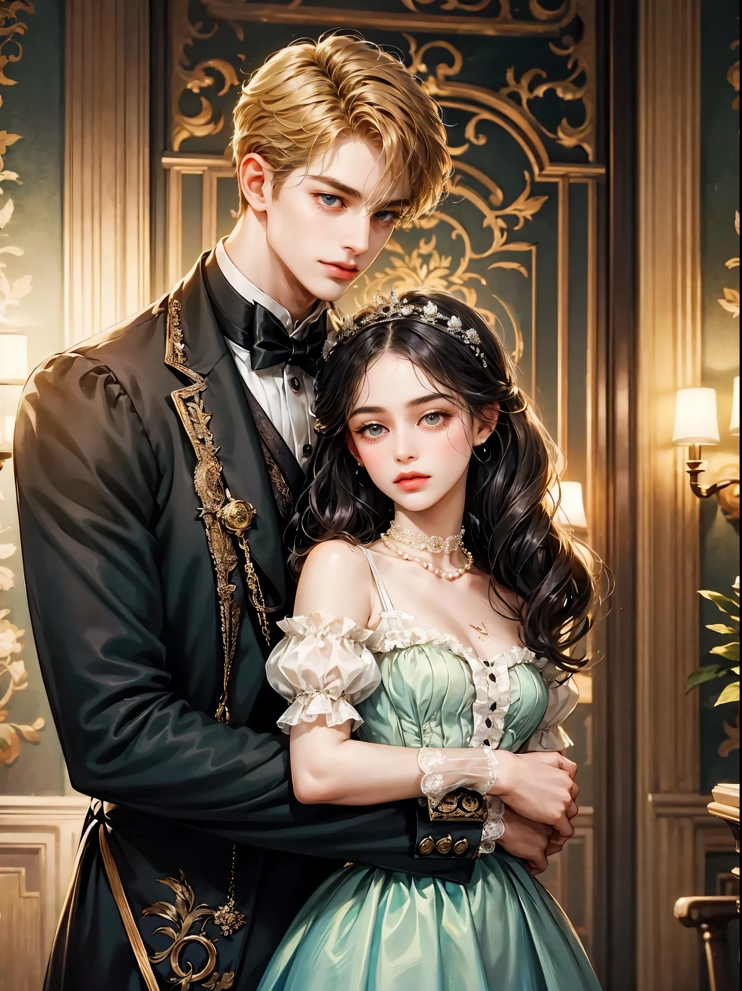 The girl has black hair. Background inside of a hall
