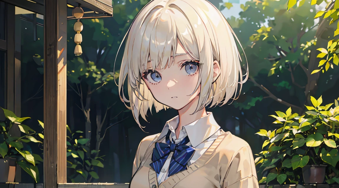 (Bob Cut Hair, Platinum Blonde Hair:1.2),(Wear a cardigan over a collared shirt:1.2),1 girl,Japanese,21 years old,(Small breasts:1.3),(Highest quality,masterpiece:1.3,超A high resolution,),(Ultra-detailed,Caustics),(Photorealistic:1.4,RAW shooting,)Ultra-Realistic Capture,Very detailed,High resolution 16K human skin close-up。 Natural skin texture、,Pores、、It needs to be detailed enough to be easily identifiable。 Skin should be even-toned and healthy looking。 Use natural light and colour, Sad expression, Looking at the camera, Perfect dynamic composition, Outdoor