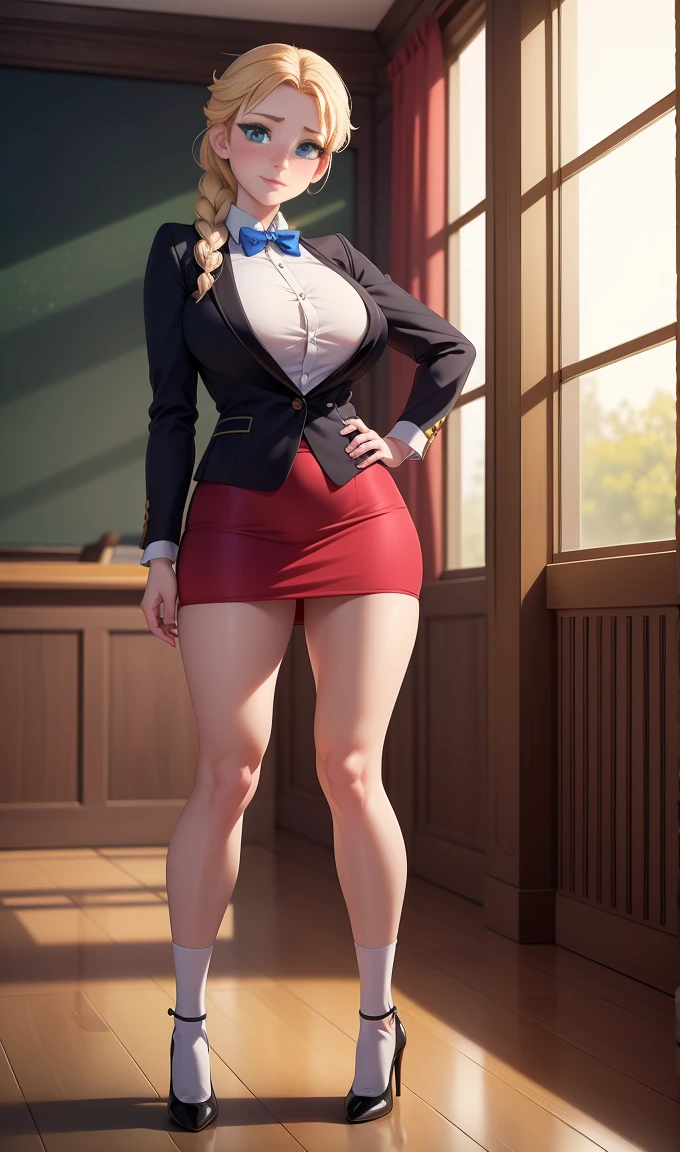 shermie, ((masterpiece, Best Quality)), full body view, bursting huge breasts, detailed skin, Anna from Frozen as a teacher, in the classroom, High heels, socks, elegant teacher suit, above knee skirt, Very detailed, cinematic lighting, ultra realistic, blush, looking at the viewer, anna, anna from the movie
