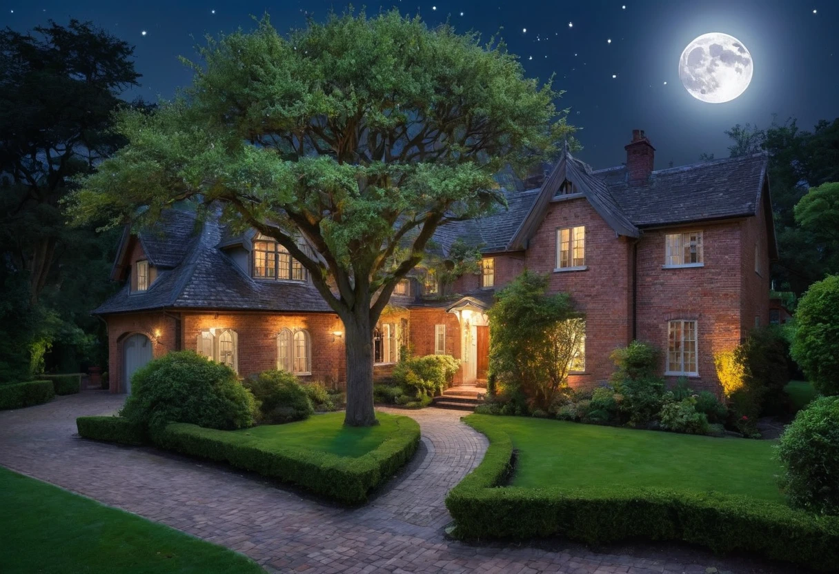 Generate a breathtakingly beautiful nighttime photo of a brick house with a single tree beside it, illuminated by the soft glow of moonlight. The brick house should have a rustic charm with a gabled roof and visible texture on the bricks. The tree next to the house is tall and majestic, with branches gently swaying in the night breeze. The scene is bathed in the serene, silvery light of a full moon hanging high in the clear, starry sky. The moonlight casts gentle shadows, highlighting the details of the house and the tree, while creating a tranquil and mystical atmosphere. The foreground includes a well-tended garden with subtle hints of foliage, adding depth to the scene. The overall composition should evoke a sense of calm and wonder, capturing the beauty of a peaceful night in the countryside.