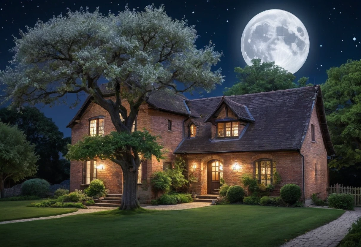 Generate a breathtakingly beautiful nighttime photo of a brick house with a single tree beside it, illuminated by the soft glow of moonlight. The brick house should have a rustic charm with a gabled roof and visible texture on the bricks. The tree next to the house is tall and majestic, with branches gently swaying in the night breeze. The scene is bathed in the serene, silvery light of a full moon hanging high in the clear, starry sky. The moonlight casts gentle shadows, highlighting the details of the house and the tree, while creating a tranquil and mystical atmosphere. The foreground includes a well-tended garden with subtle hints of foliage, adding depth to the scene. The overall composition should evoke a sense of calm and wonder, capturing the beauty of a peaceful night in the countryside.
