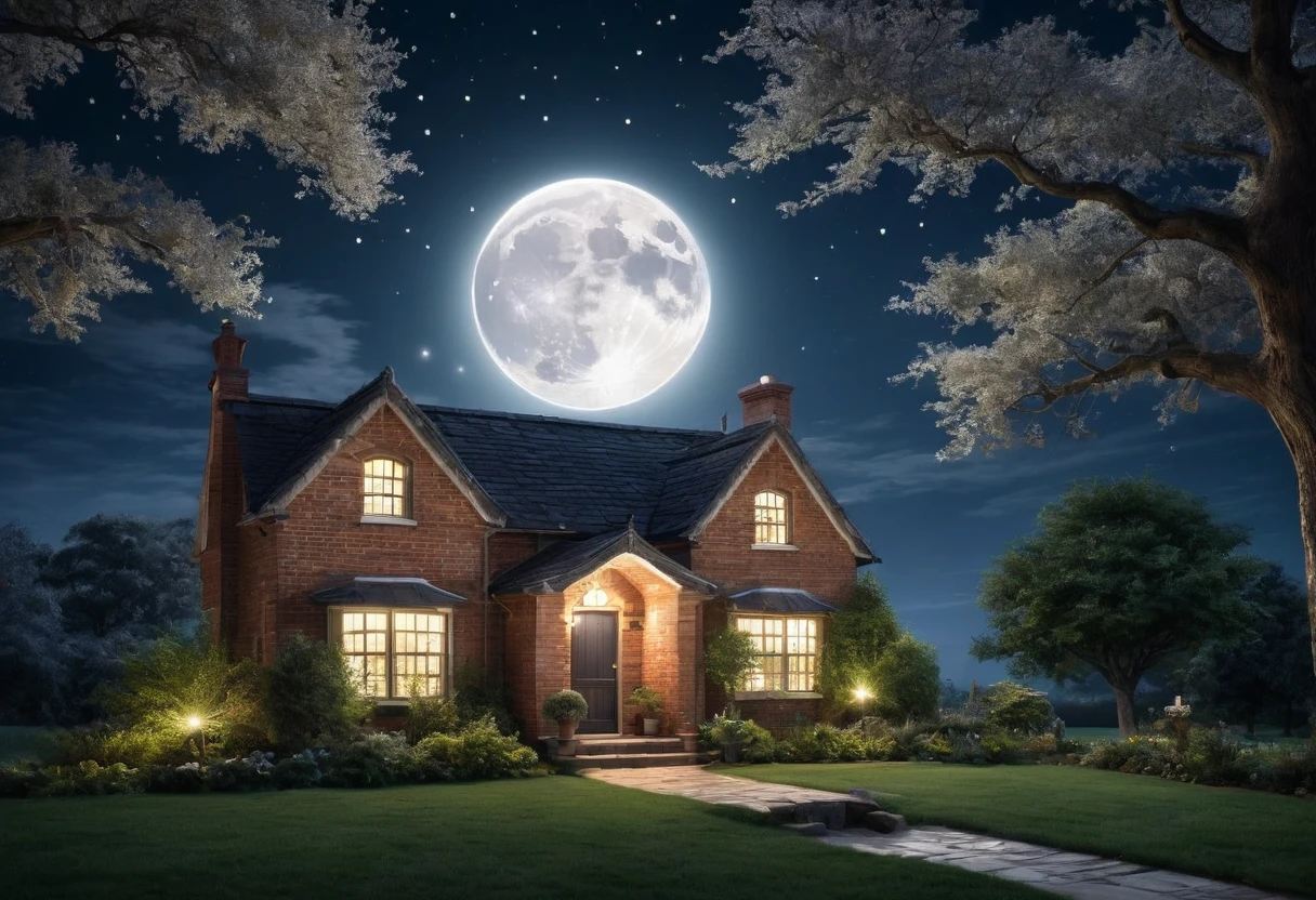 Generate a breathtakingly beautiful nighttime photo of a brick house with a single tree beside it, illuminated by the soft glow of moonlight. The brick house should have a rustic charm with a gabled roof and visible texture on the bricks. The tree next to the house is tall and majestic, with branches gently swaying in the night breeze. The scene is bathed in the serene, silvery light of a full moon hanging high in the clear, starry sky. The moonlight casts gentle shadows, highlighting the details of the house and the tree, while creating a tranquil and mystical atmosphere. The foreground includes a well-tended garden with subtle hints of foliage, adding depth to the scene. The overall composition should evoke a sense of calm and wonder, capturing the beauty of a peaceful night in the countryside.