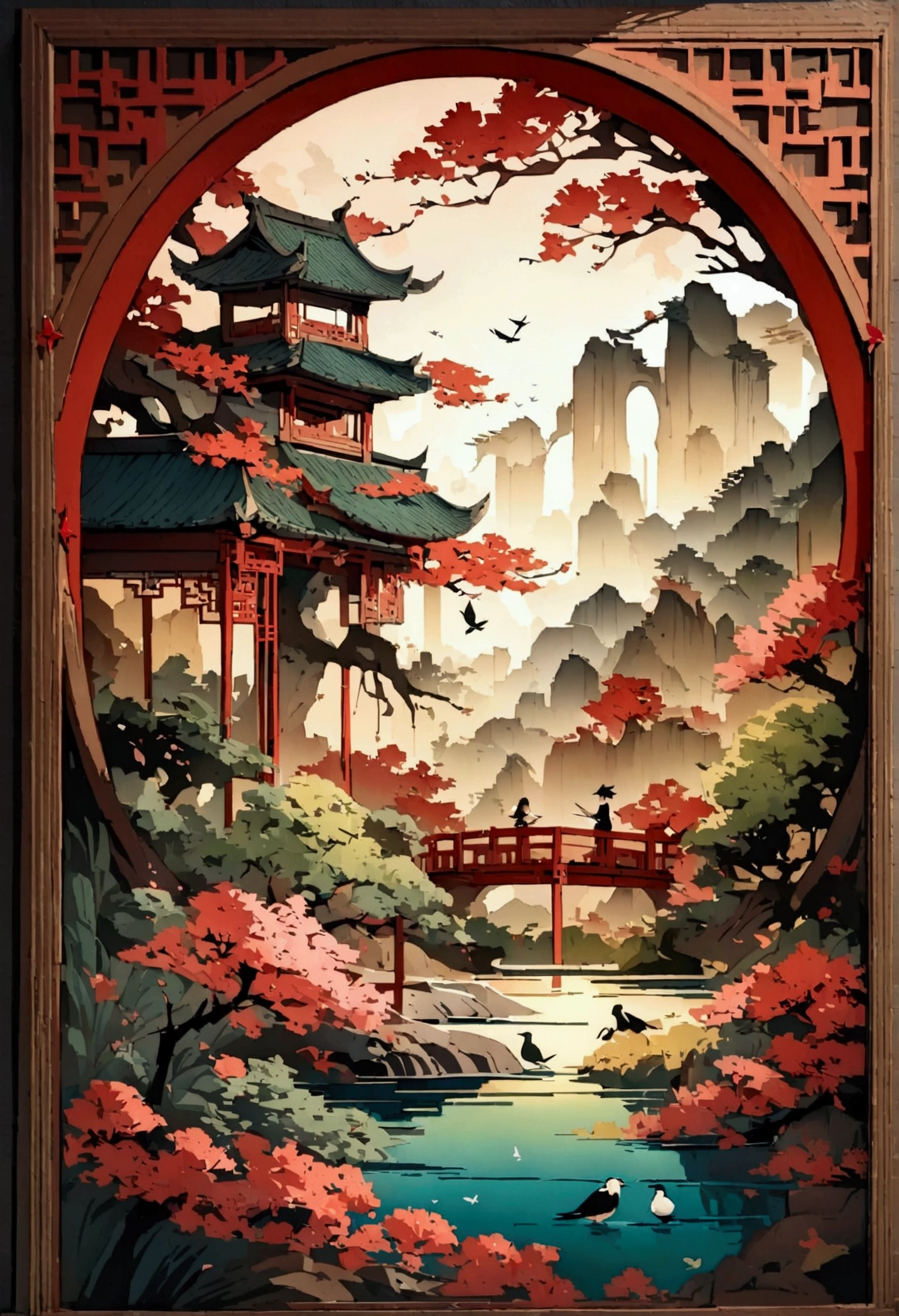 masterpiece, Traditional Chinese landscape, Flower and Bird Painting，Beautiful fairy tale, paper art style, Beautiful paintings, A very complex masterpiece, A beautiful and sophisticated red masterpiece, multi-layer, mystery, 