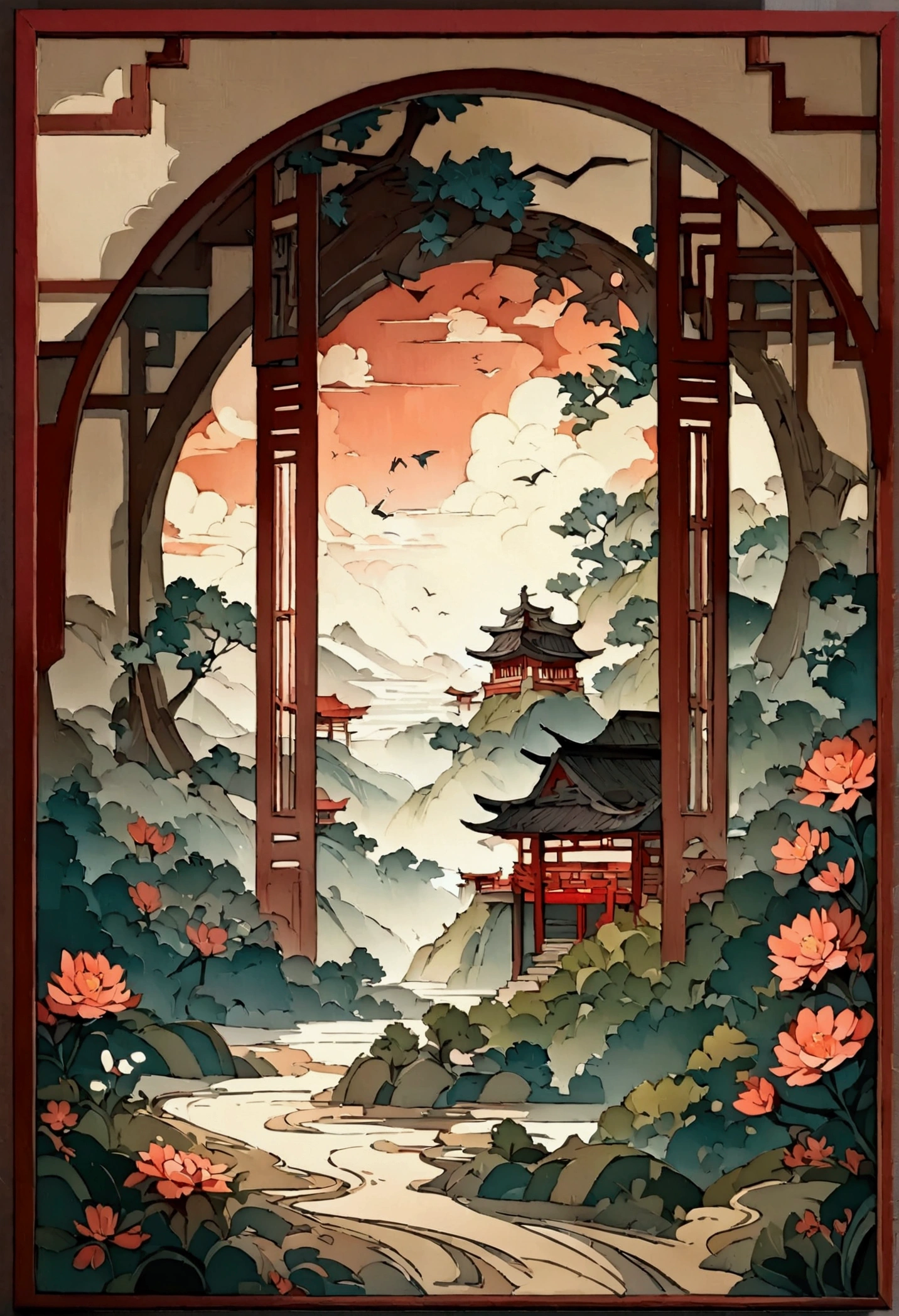 masterpiece, Traditional Chinese landscape, Flower and Bird Painting,Beautiful fairy tale, paper art style, Beautiful paintings, A very complex masterpiece, A beautiful and sophisticated red masterpiece, multi-layer, mystery,