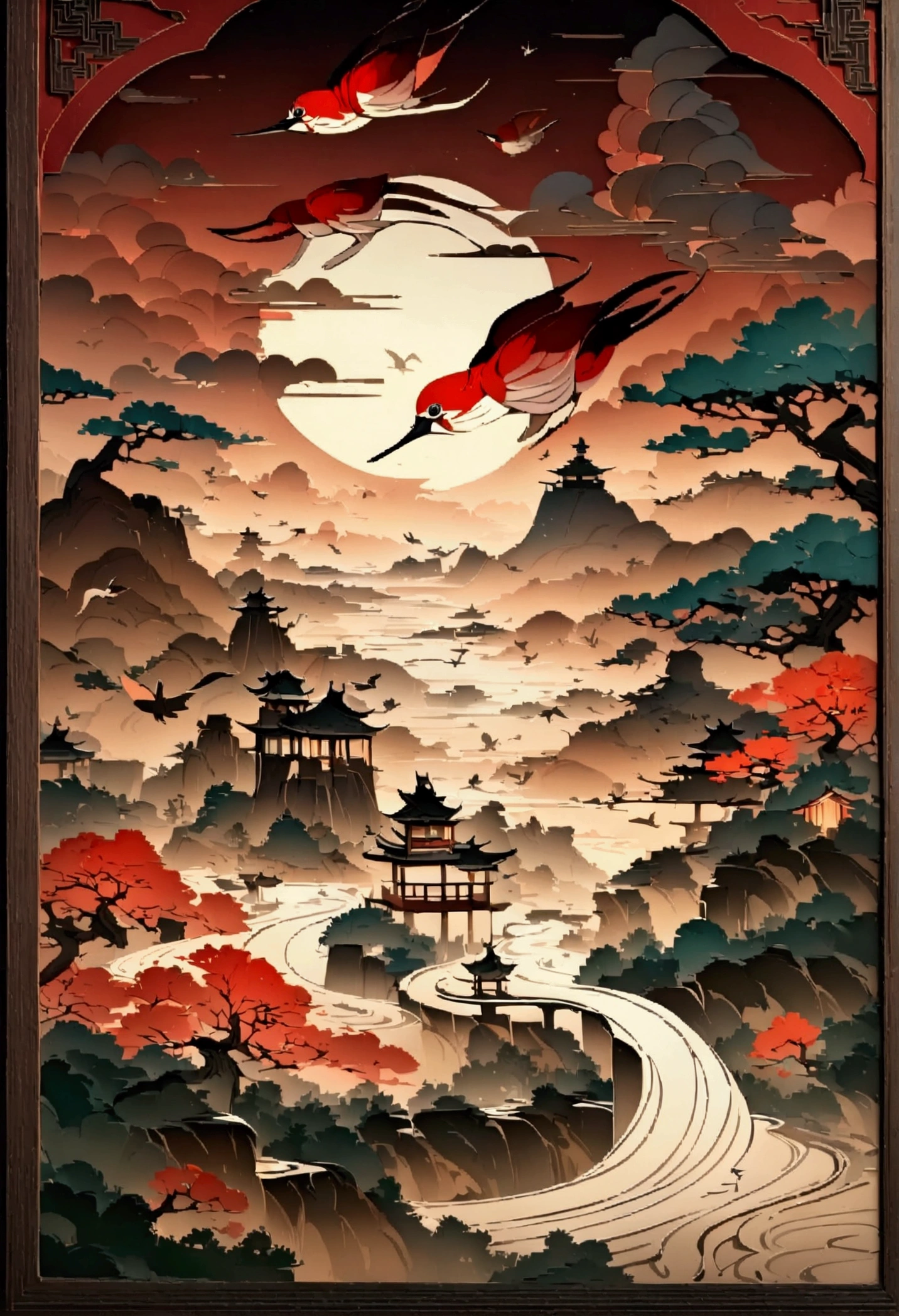 masterpiece, Traditional Chinese landscape, Flower and Bird Painting,Beautiful fairy tale, paper art style, Beautiful paintings, A very complex masterpiece, A beautiful and sophisticated red masterpiece, multi-layer, mystery,