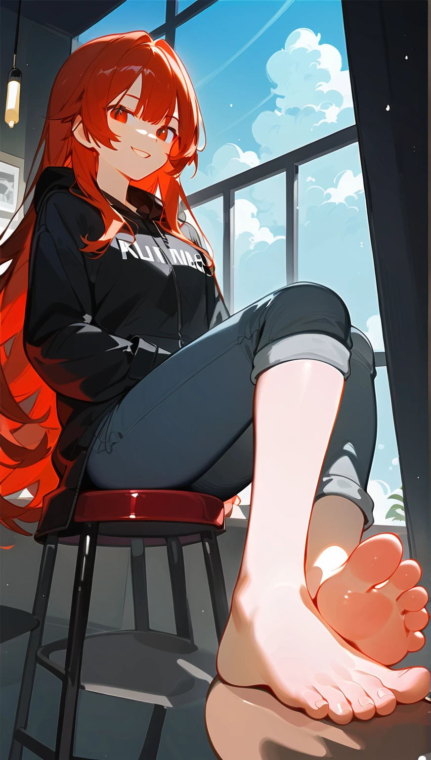 wallpaper,modern style，One sits on a stool，Her foot is on a man&#39;s face，A boy lies on the ground，Casual casual wear， best quality, Very detailed, masterpiece, Extremely detailed, illustration, Sky,Foot Focus, Smirk, Bangs，齐Bangs,Long hair，Straight Hair，Black Hair， barefoot，