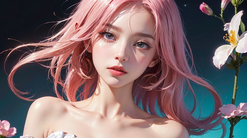beautiful medium pink, blue colored eyes, pale skin, demon, claws, bangss, gothic art, full body shot shot, elegant pose, ssmile, Romanticism, work of art, anatomically correcte, high qualiy, super detaill, best qualityer, 4K, 8k, Perfect Woman, the most beautiful woman, her face has to be symmetrical and beautiful, baby pink hair, best qualityer final, beautfull woman, speech bubble, Galaxy,60s,70s,80s,colorfully,cosmo,space, detailed pink hair, delicate and well-detailed face,