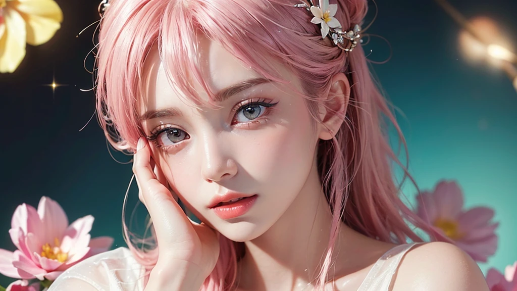 One girl, alone, flower畑, flower, (Official Art, unity 8k wallpaper, Super detailed, beautifully、aesthetic, masterpiece ,Highest quality:1.3), (Dynamic Angle:1.2), (Floating colorful sparkles:1) , elegant, Vibrant colors, Highly detailed face, Detailed eyes, Glowing Skin, Glossy Lips , Pale pink and pale orange background, Pink Hair,