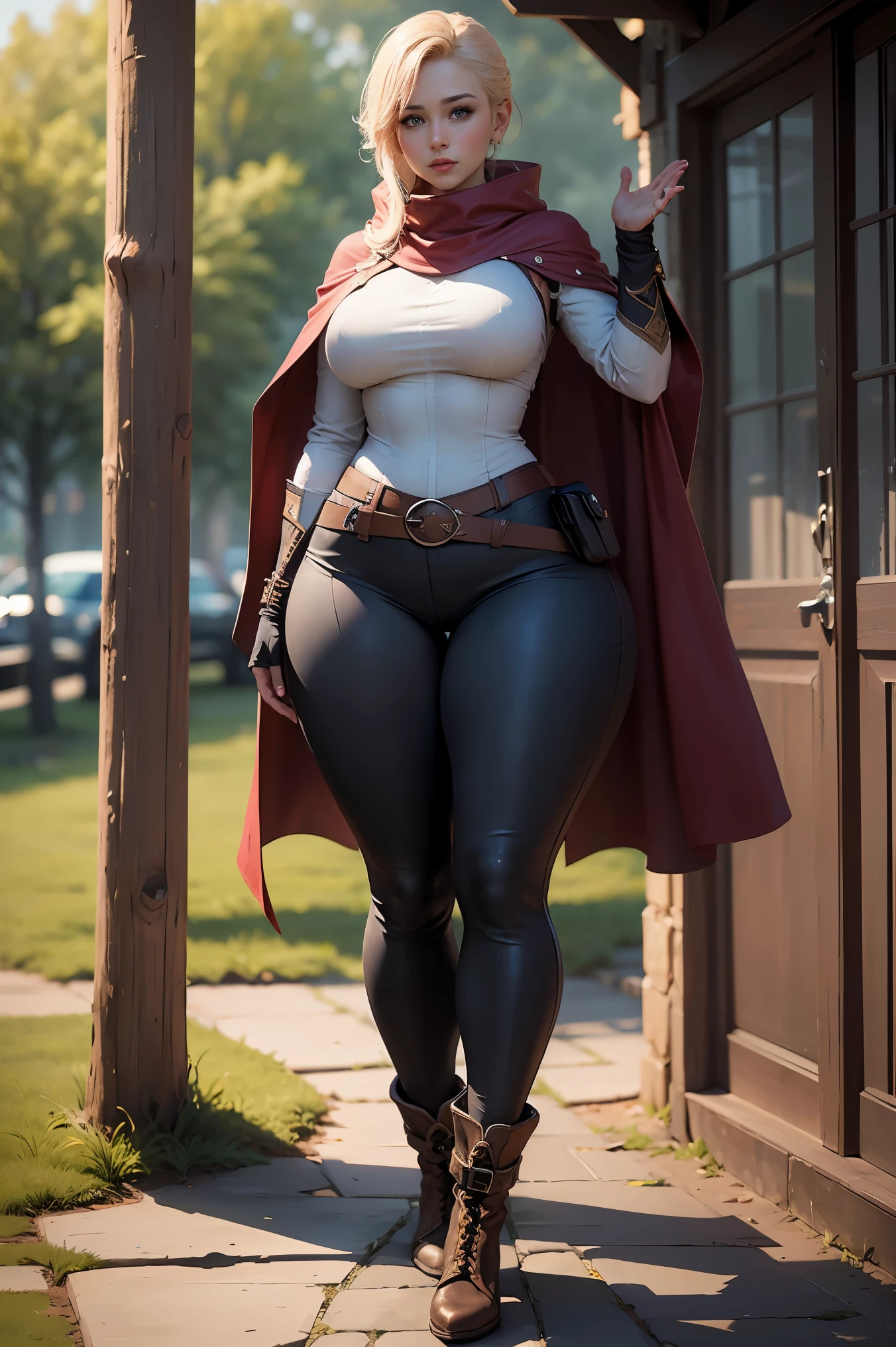 marci,full body,solo,cape,boots,belt,pouch,belt pouch,fingerless gloves,outdoors,
large breasts,pose,(pants,slim legs,(thick thigs:1.1),long legs:1.4),
masterpiece,best quality,ultra detailed,highres,absurdres,
