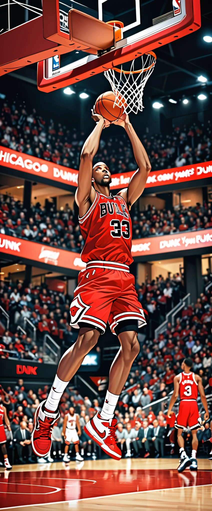 (Very detailed),(An illustration),8k,wallpaper,One Man,Black,Basketball Player,Chicago Bulls style uniform,((front)),((Directly above)),((Lean your body back and jump very high)),((Look up at the ball)),((Dunk Shot:1.5)),(dynamic),Basketball Court,(((Background Blur)))