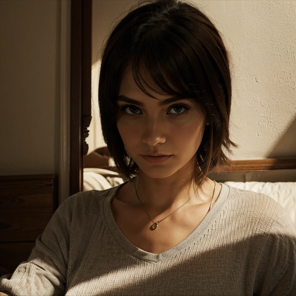 16 years girl, in a room lying on a bed Intricately detailed, en ropa interior, cabello corto, A super small bob cut with fringe